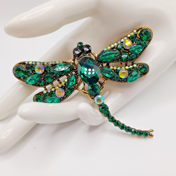 Dragonfly Large Brooch Pin Green Crystal Rhinestone Jewelry - Picture 1 of 13